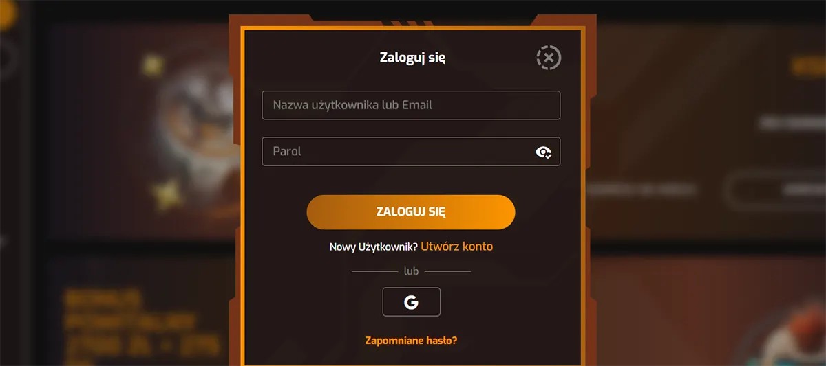 Polish-language casino login popup interface showing fields for username/email and password, with a “Zaloguj się” (Log In) button, option to create a new account (“Utwórz konto”), Google sign-in icon, and a “Zapomniane hasło?” (Forgot password?) link, displayed in a dark orange-accented casino UI panel over a blurred gaming background.