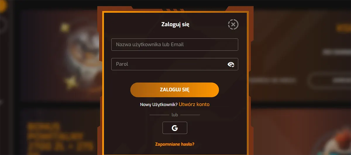 Polish-language casino login popup interface showing fields for username/email and password, with a “Zaloguj się” (Log In) button, option to create a new account (“Utwórz konto”), Google sign-in icon, and a “Zapomniane hasło?” (Forgot password?) link, displayed in a dark orange-accented casino UI panel over a blurred gaming background.